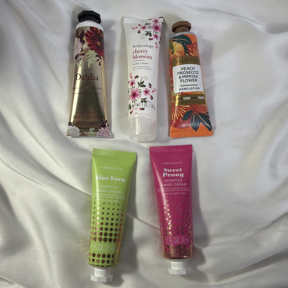 Hand Cream Lotion Set Of 5 Assorted Dahlia‎ Cherry Peach Aloe Vera Peony Mini